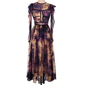 Karen Millen Placement Print Sheer Mesh Corset Dress Long Sleeve Ruffle Shoulder